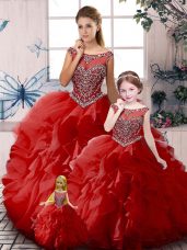 Gorgeous Red Organza Zipper Quince Ball Gowns Sleeveless Floor Length Beading and Ruffles