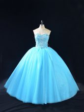 Classical Baby Blue Lace Up Sweetheart Beading Vestidos de Quinceanera Tulle Sleeveless
