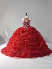 Lace Up Quinceanera Dresses Wine Red for Sweet 16 and Quinceanera with Beading and Pick Ups Court Train