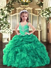 Green Organza Lace Up Little Girls Pageant Dress Sleeveless Floor Length Beading and Ruffles