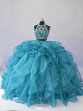 Admirable Floor Length Teal Sweet 16 Dress Halter Top Sleeveless Brush Train Backless