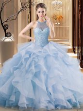 Exquisite Blue Halter Top Lace Up Beading and Ruffles Ball Gown Prom Dress Brush Train Sleeveless