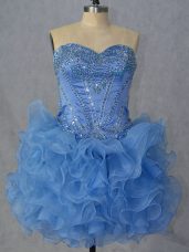 Beautiful Blue Sweetheart Lace Up Beading and Ruffles Evening Dress Sleeveless