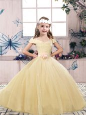 Simple Off The Shoulder Sleeveless Child Pageant Dress Floor Length Lace and Belt Champagne Tulle