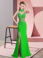 Sleeveless Floor Length Lace and Appliques Backless Prom Dress with Green