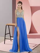 Captivating Blue Evening Dress V-neck Sleeveless Sweep Train Zipper