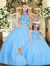 Baby Blue Ball Gowns Tulle Halter Top Sleeveless Embroidery Floor Length Lace Up Quinceanera Dresses