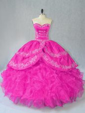 Sexy Fuchsia Vestidos de Quinceanera Sweet 16 and Quinceanera with Embroidery and Ruffles Sweetheart Sleeveless Lace Up