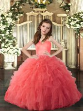 Hot Sale Sleeveless Tulle Floor Length Lace Up Winning Pageant Gowns in Coral Red with Ruffles