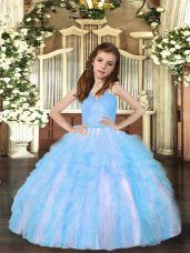 Sleeveless Tulle Floor Length Lace Up Pageant Dress for Womens in Aqua Blue with Ruffles