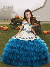 Blue Kids Formal Wear Party and Military Ball and Wedding Party with Embroidery and Ruffled Layers Straps Sleeveless Lace Up