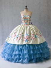 Blue And White Ball Gowns Sweetheart Sleeveless Satin and Organza Floor Length Lace Up Embroidery and Ruffled Layers Sweet 16 Dresses