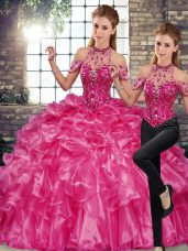 Smart Floor Length Fuchsia 15 Quinceanera Dress Halter Top Sleeveless Lace Up