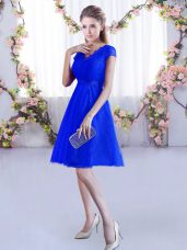 High Quality Mini Length Royal Blue Bridesmaids Dress Lace Cap Sleeves Lace