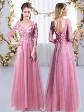 Eye-catching Floor Length Pink Bridesmaid Gown V-neck 3 4 Length Sleeve Lace Up