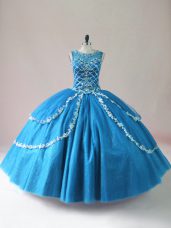 Spectacular Floor Length Baby Blue Sweet 16 Dress Tulle Sleeveless Beading and Appliques