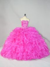 Discount Hot Pink Sleeveless Court Train Beading and Ruffles Sweet 16 Quinceanera Dress