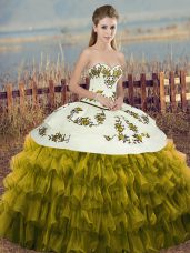 Sleeveless Organza Floor Length Lace Up Vestidos de Quinceanera in Olive Green with Embroidery and Ruffled Layers and Bowknot