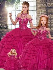 Lovely Fuchsia Sleeveless Tulle Lace Up Sweet 16 Dress for Military Ball and Sweet 16 and Quinceanera