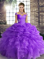 Lavender Off The Shoulder Neckline Beading and Ruffles and Pick Ups Quinceanera Dress Sleeveless Lace Up