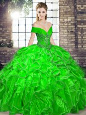 Fancy Green Lace Up Off The Shoulder Beading and Ruffles Quinceanera Dresses Organza Sleeveless