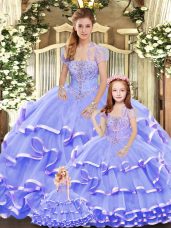 Artistic Floor Length Lavender Ball Gown Prom Dress Organza Sleeveless Beading and Ruffled Layers