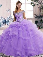 Glittering Sleeveless Tulle Floor Length Lace Up Sweet 16 Quinceanera Dress in Lavender with Beading and Ruffles