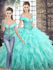 Dazzling Off The Shoulder Sleeveless Brush Train Lace Up Sweet 16 Dress Aqua Blue Organza