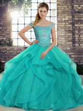Decent Off The Shoulder Sleeveless Tulle Quinceanera Dresses Beading and Ruffles Brush Train Lace Up