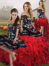 Designer Floor Length Lace Up Quinceanera Gowns Red And Black for Military Ball and Sweet 16 and Quinceanera with Embroidery and Ruffles