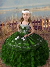 High End Olive Green Straps Lace Up Embroidery and Ruffled Layers Little Girls Pageant Dress Wholesale Sleeveless