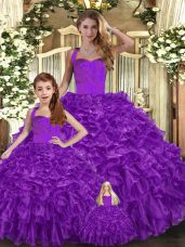 Purple Organza Lace Up Sweet 16 Quinceanera Dress Sleeveless Floor Length Ruffles