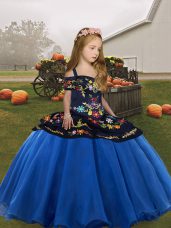 Blue Lace Up Straps Embroidery Little Girl Pageant Dress Organza Sleeveless