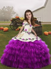 Latest Sleeveless Organza Floor Length Lace Up Child Pageant Dress in Purple with Embroidery and Ruffled Layers