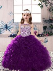 Most Popular Sleeveless Organza Floor Length Lace Up Pageant Dress for Teens in Purple with Beading and Ruffles