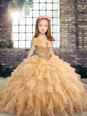 Dramatic Ball Gowns Little Girl Pageant Dress Peach Straps Tulle Sleeveless Floor Length Lace Up