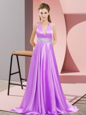 Pretty Lavender V-neck Neckline Beading Prom Party Dress Sleeveless Backless