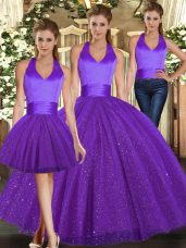 Best Selling Purple Halter Top Neckline Ruching Ball Gown Prom Dress Sleeveless Lace Up