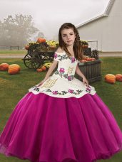 Floor Length Fuchsia Pageant Gowns For Girls Organza Sleeveless Embroidery