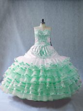 Apple Green Sleeveless Floor Length Embroidery and Ruffled Layers Lace Up Quince Ball Gowns