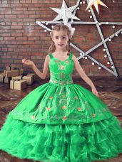 Dramatic Green Ball Gowns Straps Sleeveless Satin and Organza Floor Length Lace Up Embroidery and Ruffled Layers Pageant Gowns For Girls