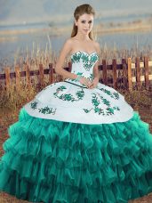 Best Selling Sweetheart Sleeveless Quince Ball Gowns Floor Length Embroidery and Ruffled Layers and Bowknot Turquoise Organza
