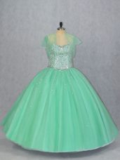 Sumptuous Sweetheart Sleeveless Quinceanera Gown Floor Length Beading Apple Green Tulle