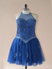 Simple Royal Blue Tulle Lace Up Halter Top Sleeveless Mini Length Prom Party Dress Beading