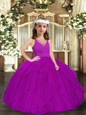 Low Price Purple Ball Gowns Tulle V-neck Sleeveless Ruffles Floor Length Zipper Pageant Dress Wholesale