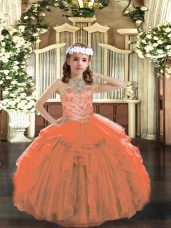 Stunning Sleeveless Floor Length Beading and Ruffles Lace Up Glitz Pageant Dress with Orange