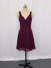 Best Dark Purple Chiffon Zipper V-neck Sleeveless Mini Length Evening Dress Ruching