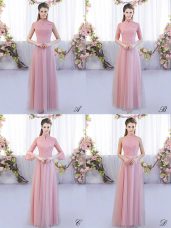 Pink Vestidos de Damas Wedding Party with Lace High-neck Cap Sleeves Zipper