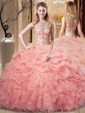 Floor Length Ball Gowns Sleeveless Peach Sweet 16 Quinceanera Dress Lace Up