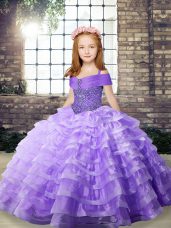 Lace Up Pageant Dresses Lavender for Party and Wedding Party with Beading and Ruffled Layers Brush Train